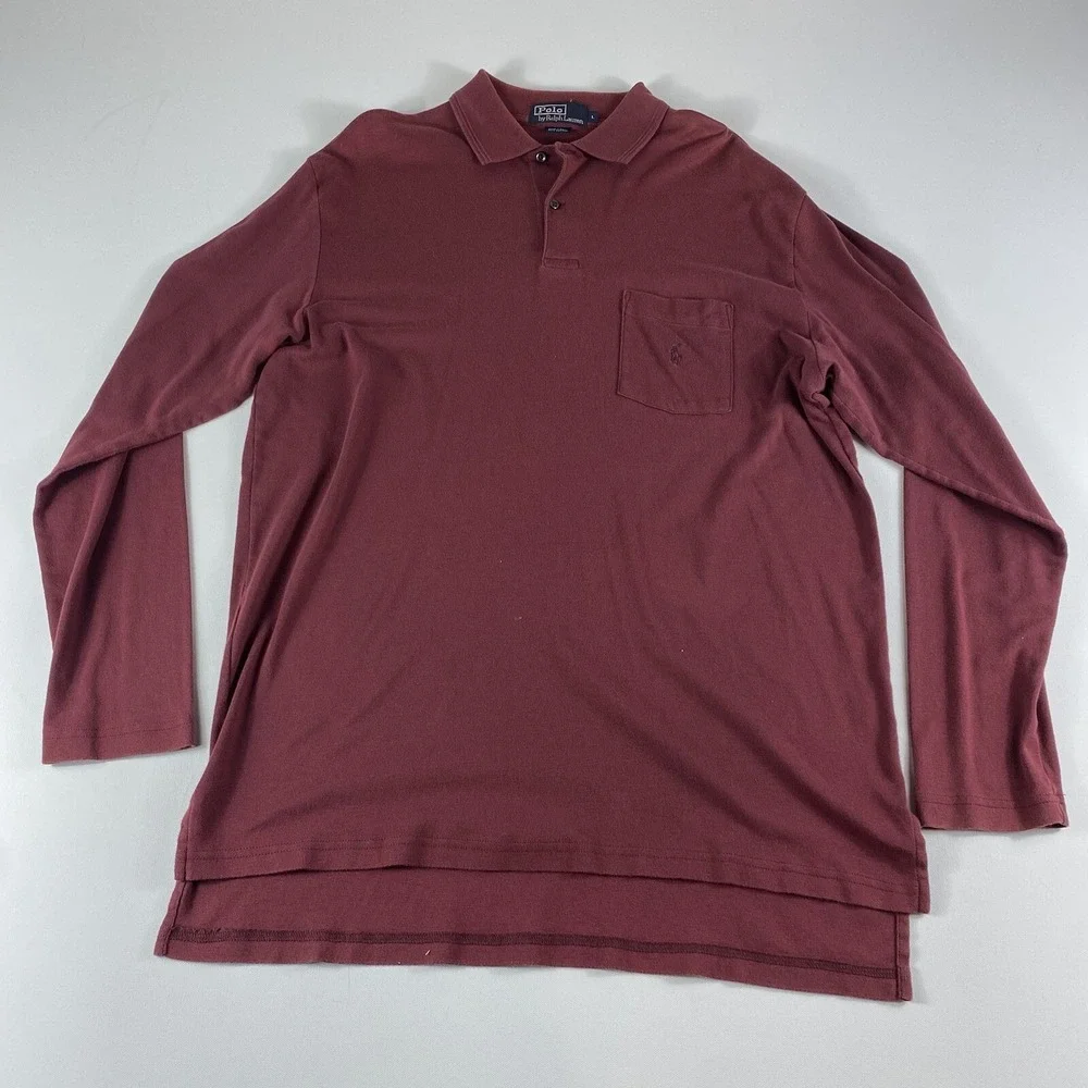 Vintage Ralph Lauren Polo Shirt Mens Large Cotton Long Sleeve Burgundy Pony